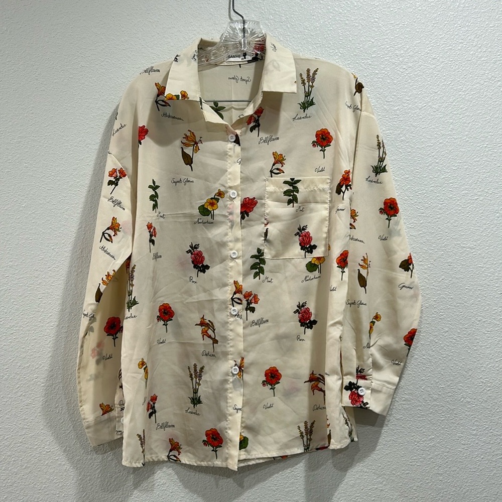 SANYE Women Fashion Beige Botanical Print Long Sleeve button top SZ 23
